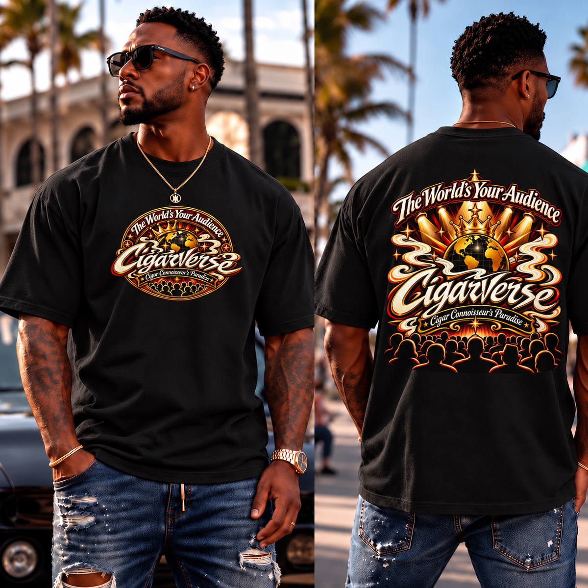 CigarVerse Graphic Tee — "The World's Your Audience" Smoky Logo T-Shirt