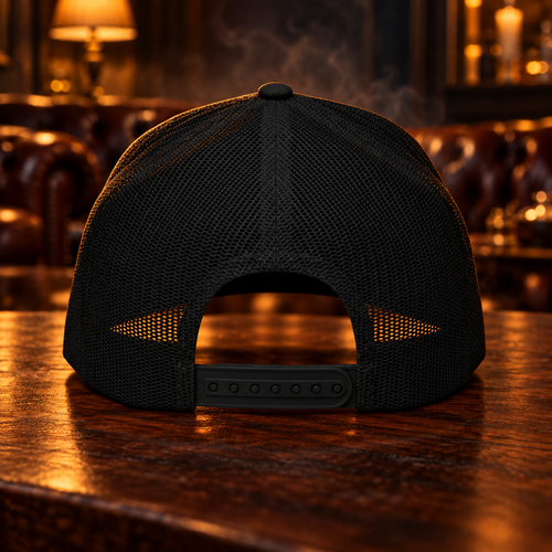 Black Trucker Cap — Distressed Circle V Logo Embroidered Snapback