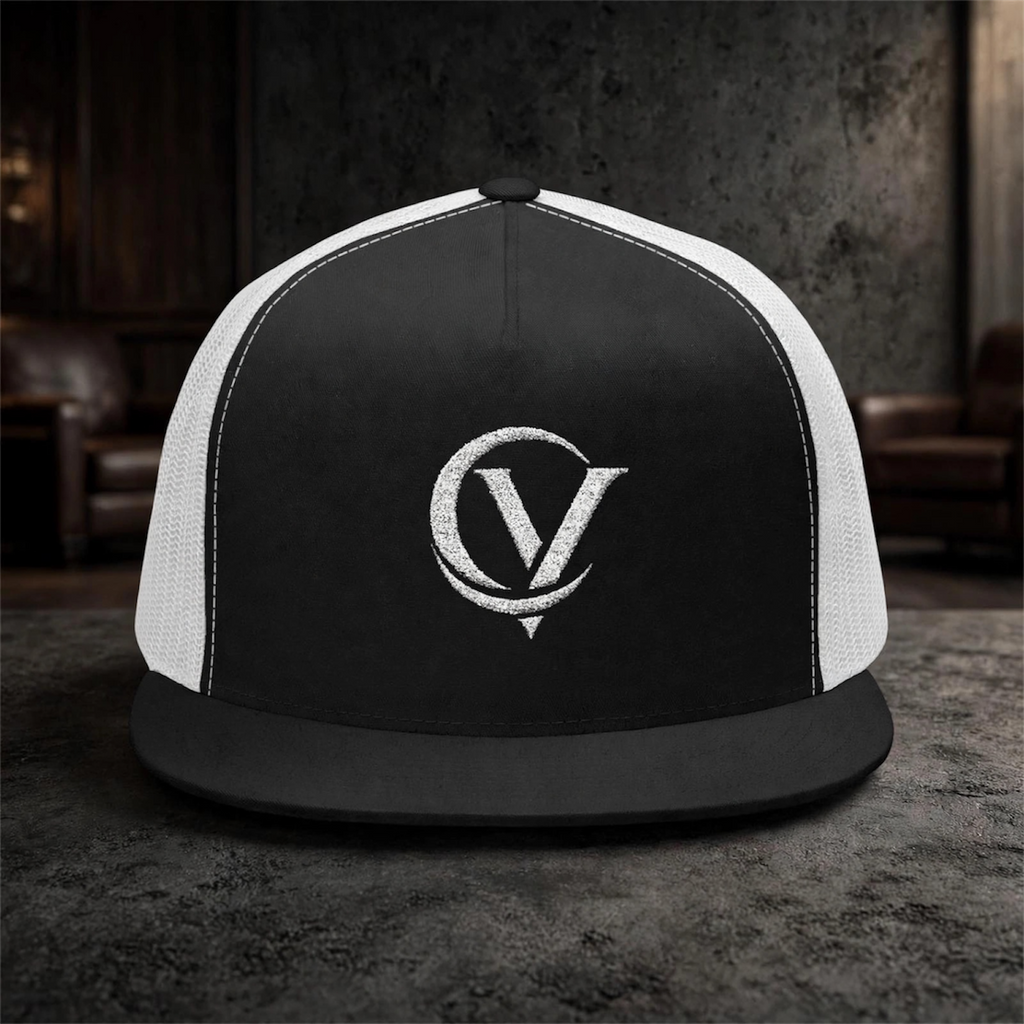 Charcoal & White Vintage Distressed V Logo Trucker Cap