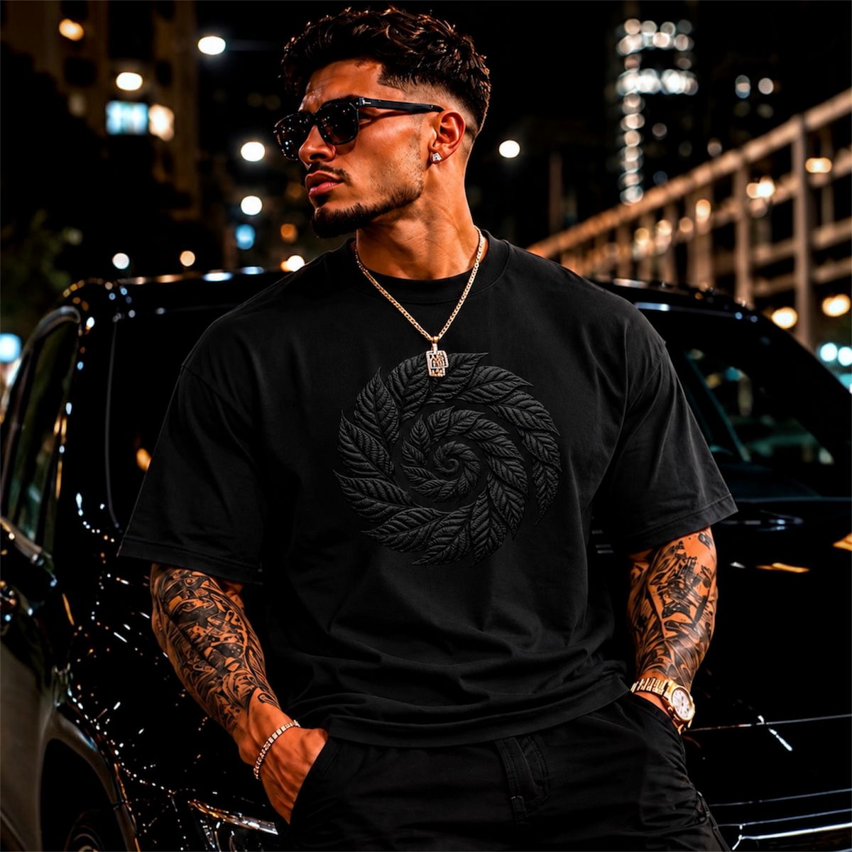 Black Tobacco Spiral Leaf T-Shirt