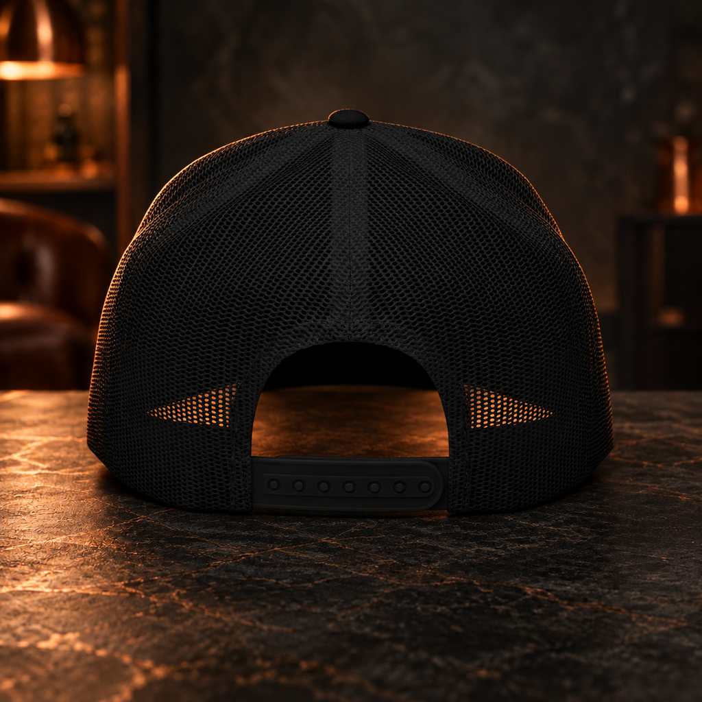 Trucker Cap — Subtle Spiral Embroidered Black Snapback