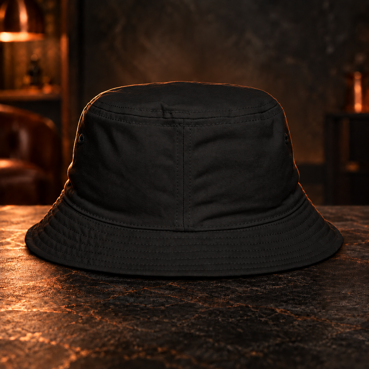 Black Embroidered Nautilus Bucket Hat — Minimal Spiral Logo Sun Hat