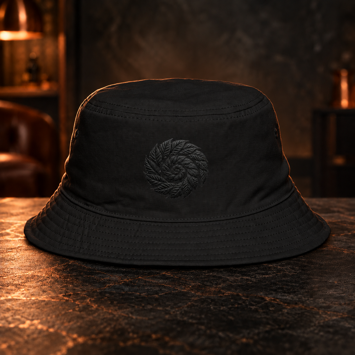 Black Embroidered Nautilus Bucket Hat — Minimal Spiral Logo Sun Hat