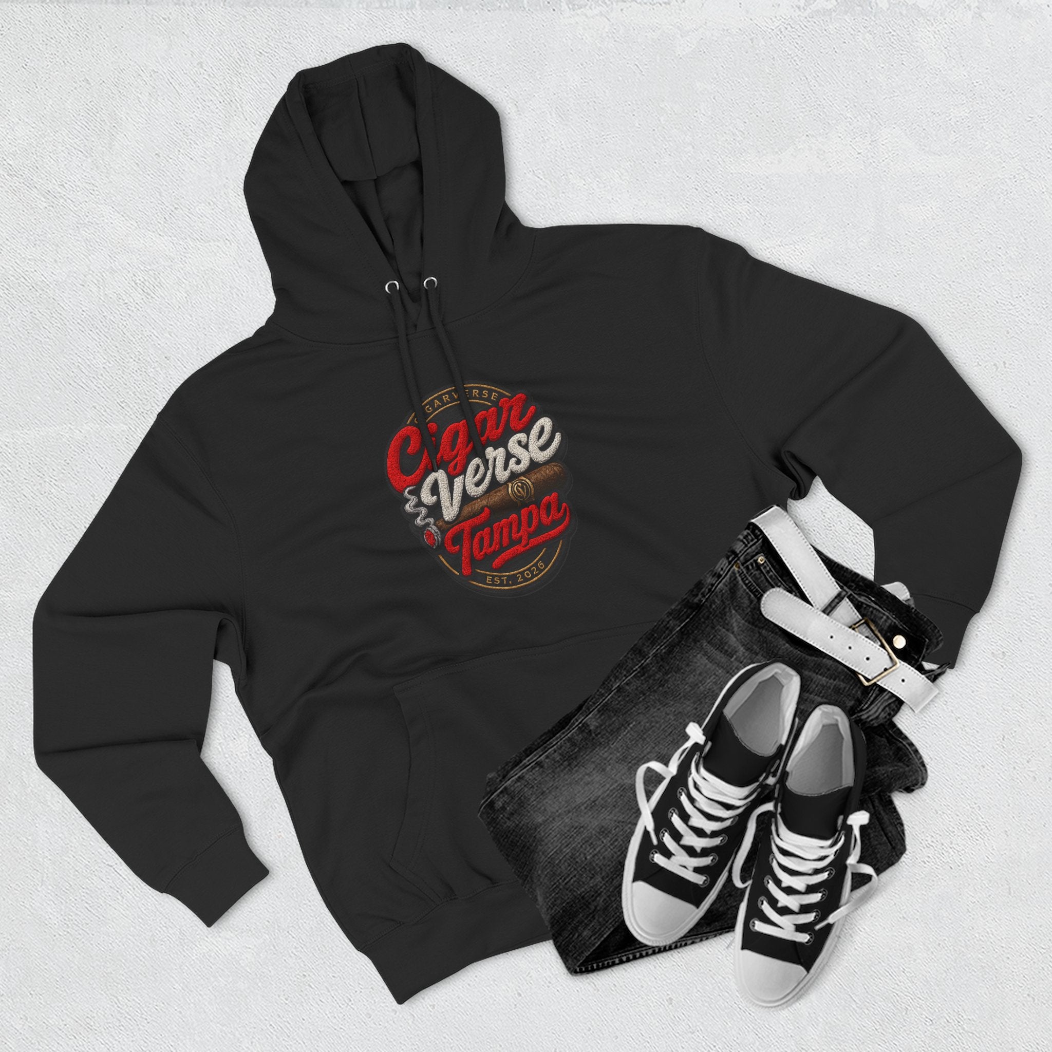 Cigar Verse Tampa Hoodie — Retro Script Logo Fleece Pullover