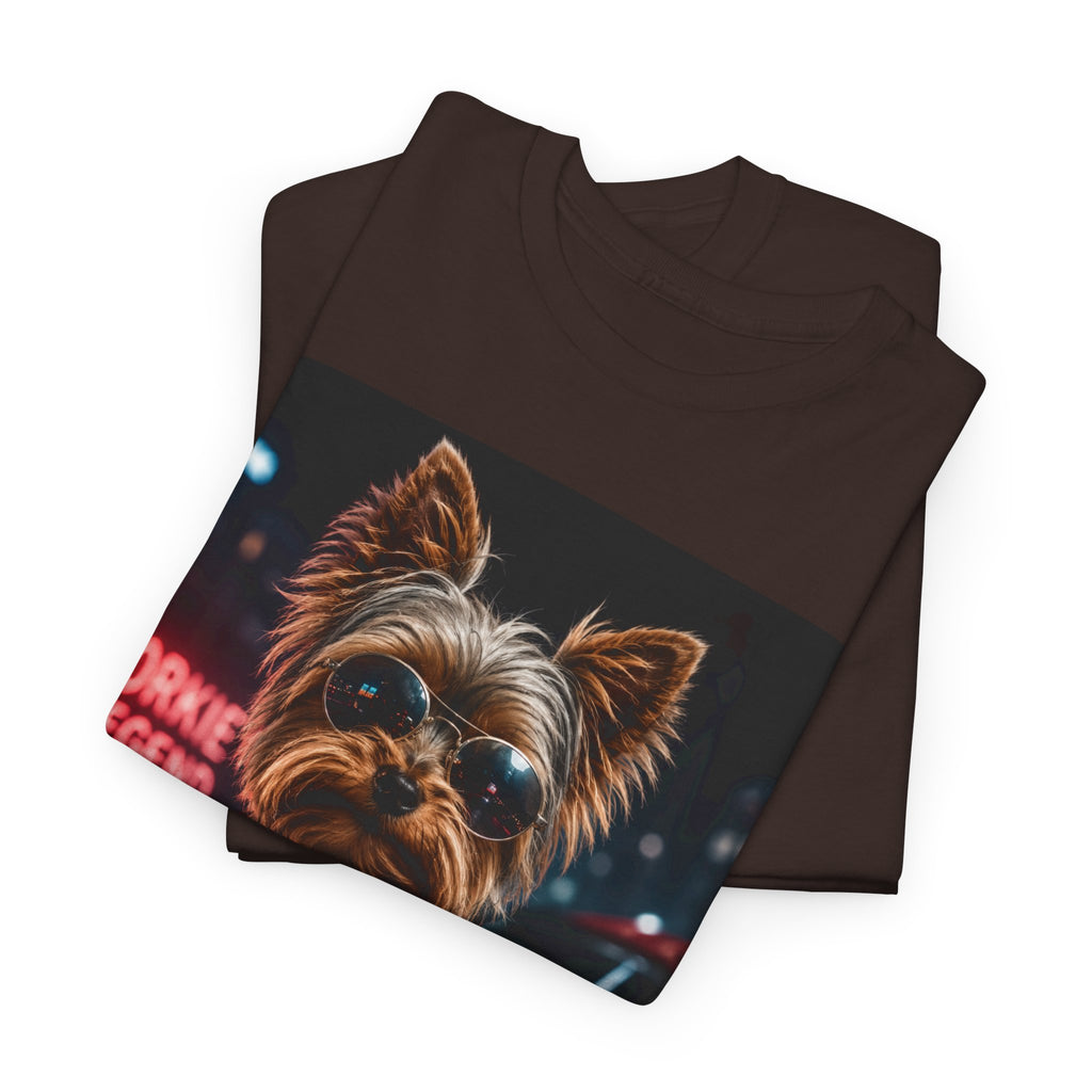 Yorkie Legend Tee — Cool Leather Jacket Yorkshire Terrier Dog T‑Shirt