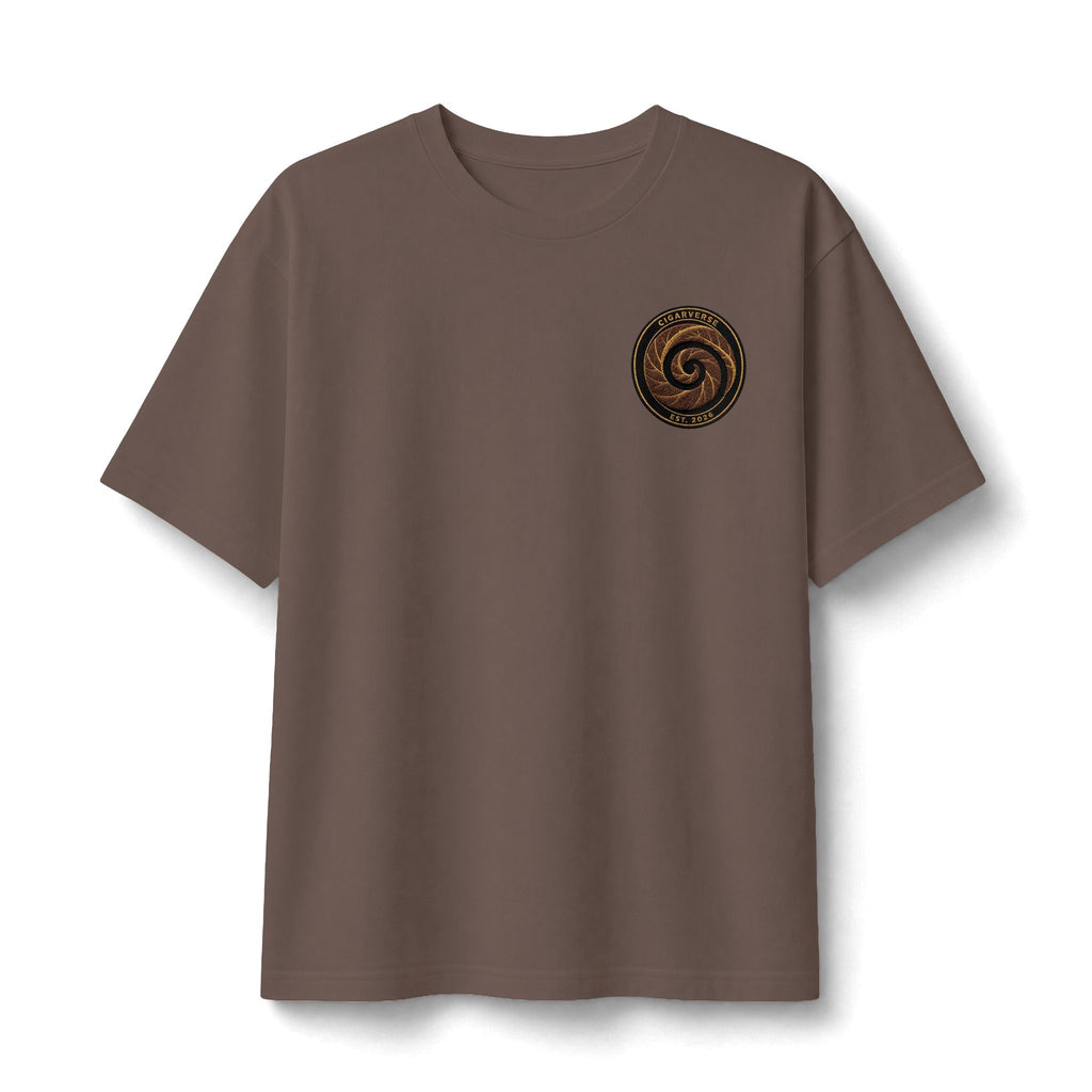 Heavyweight Earthtone Spiral Logo Tee — Rustic Chest-Print Graphic Tee