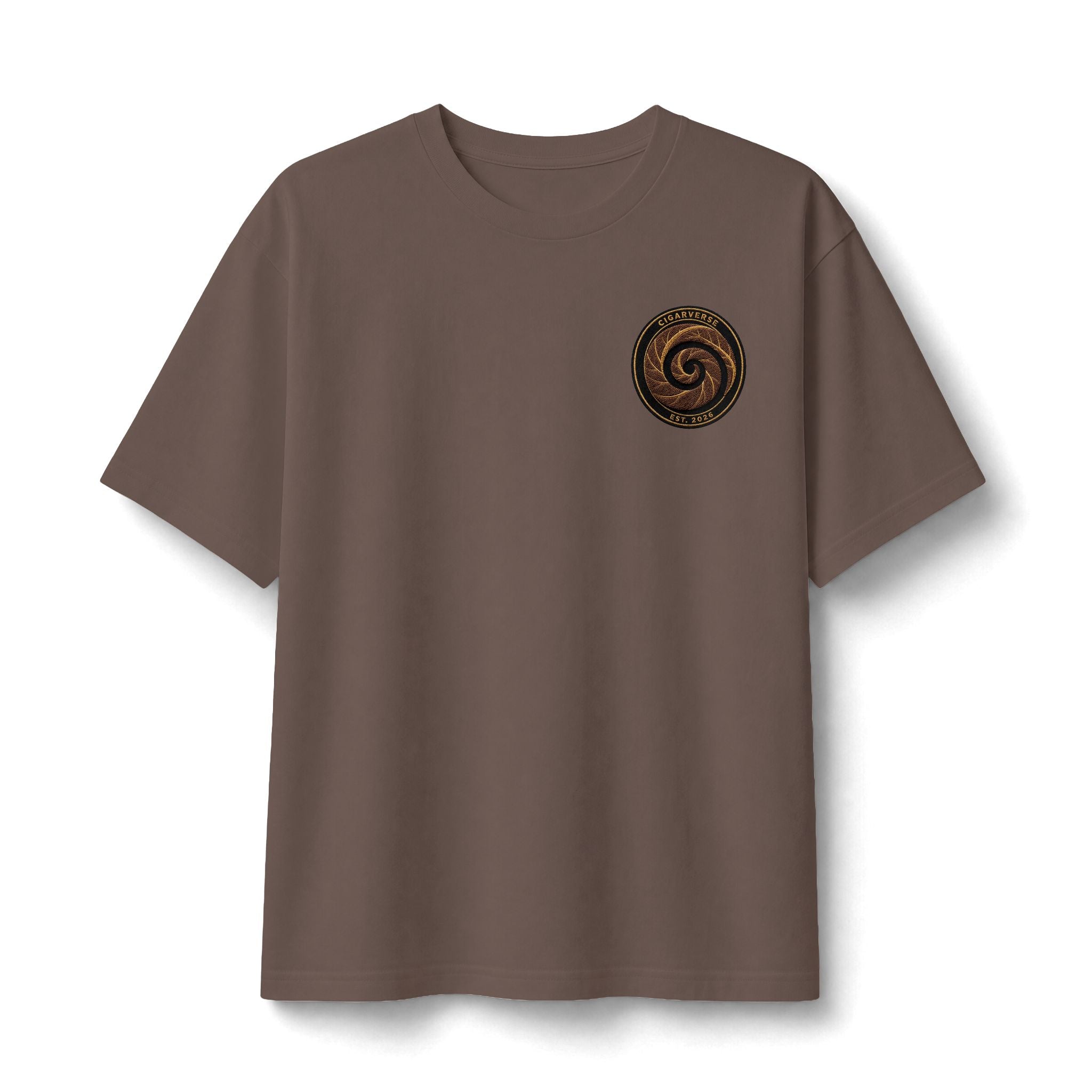 Heavyweight Earthtone Spiral Logo Tee — Rustic Chest-Print Graphic Tee