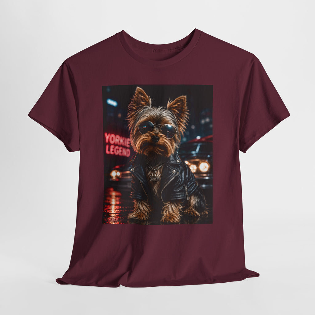 Yorkie Legend Tee — Cool Leather Jacket Yorkshire Terrier Dog T‑Shirt