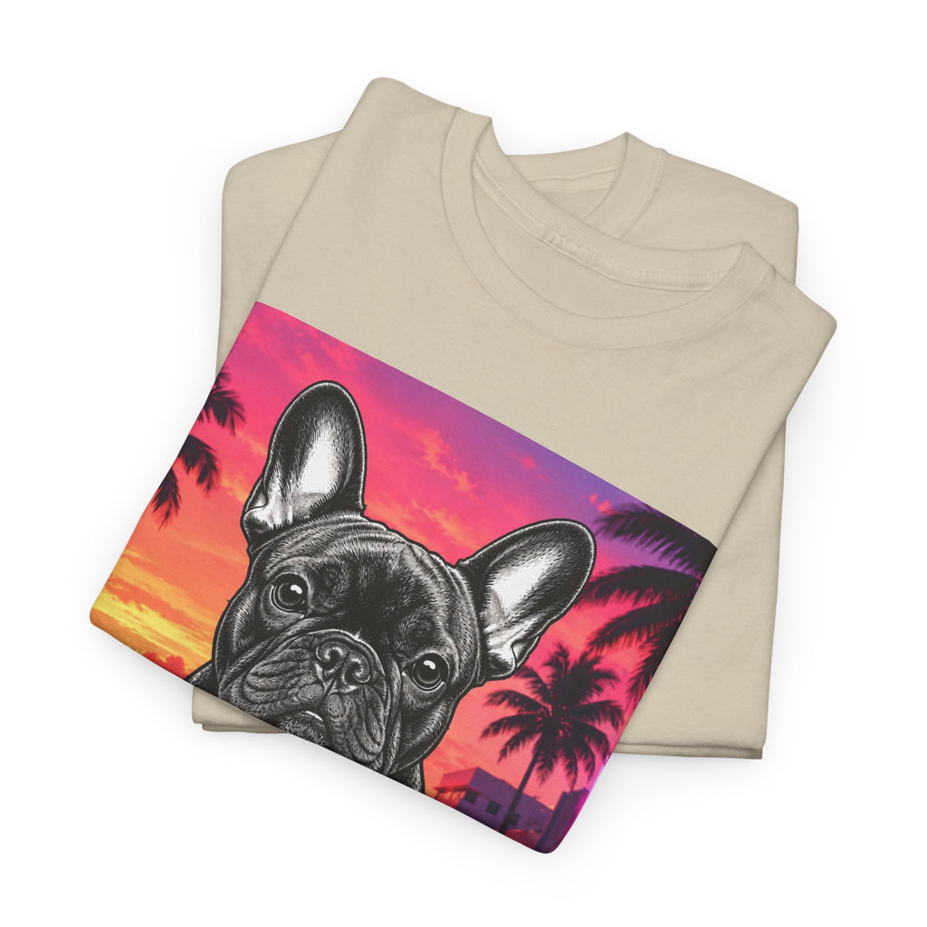 French Bulldog Sunset Tee - Retro Miami Palm Beach Dog T-Shirt