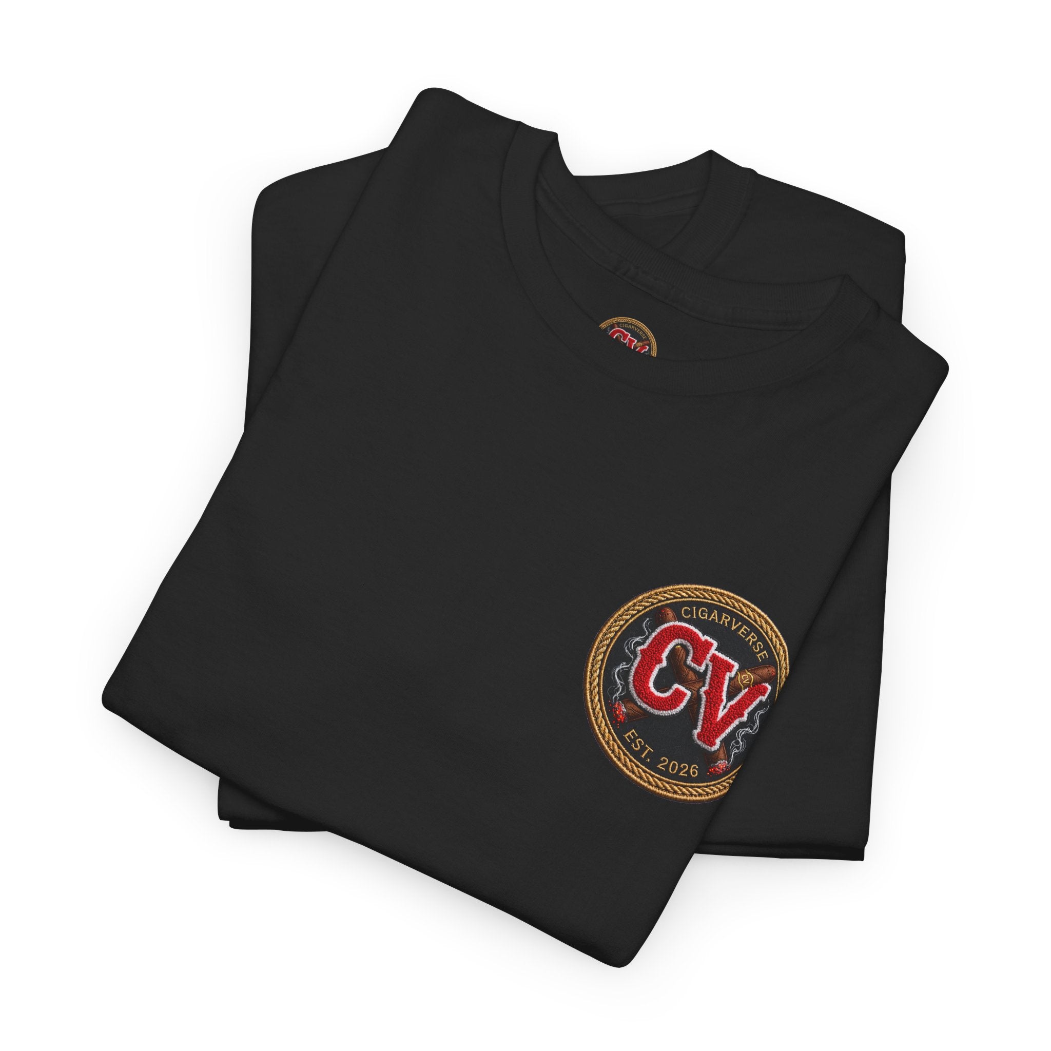 CV Patch Black Cotton Tee — Vintage College Crew Logo Shirt