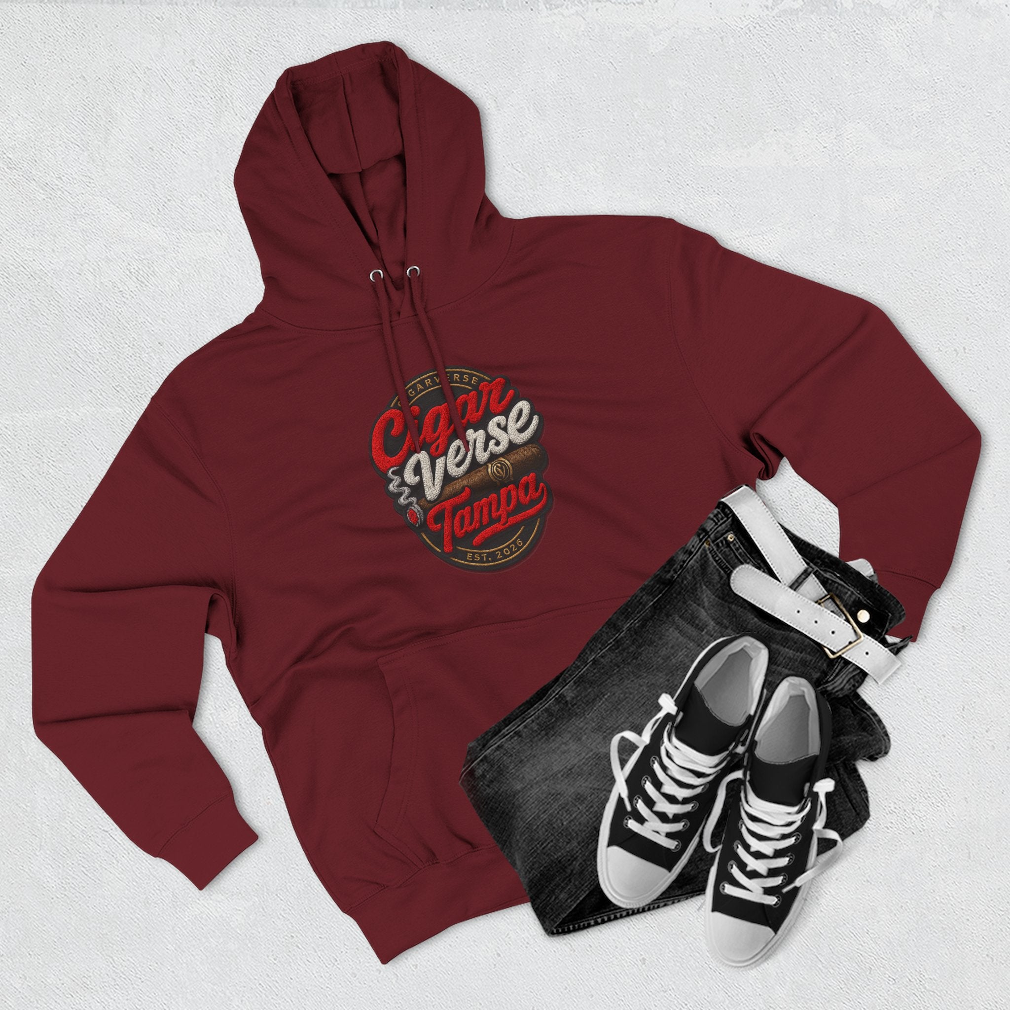 Cigar Verse Tampa Hoodie — Retro Script Logo Fleece Pullover