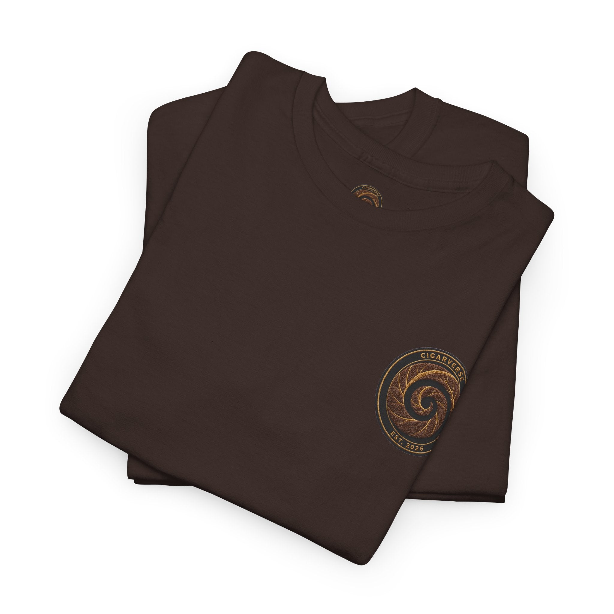 Spiral Tobacco Leaf Chest Logo Tee — Rustic Brown Graphic T-Shirt