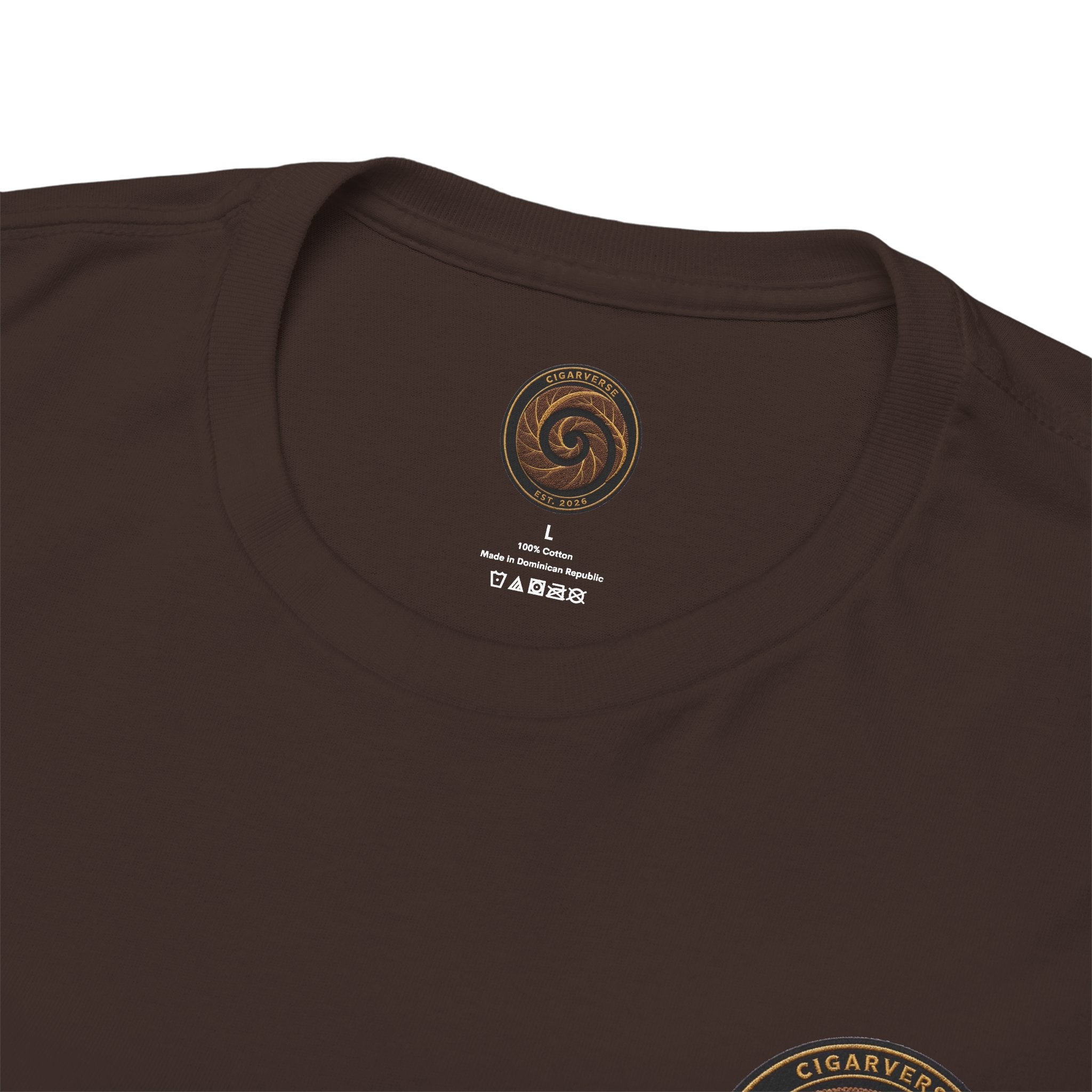 Spiral Tobacco Leaf Chest Logo Tee — Rustic Brown Graphic T-Shirt