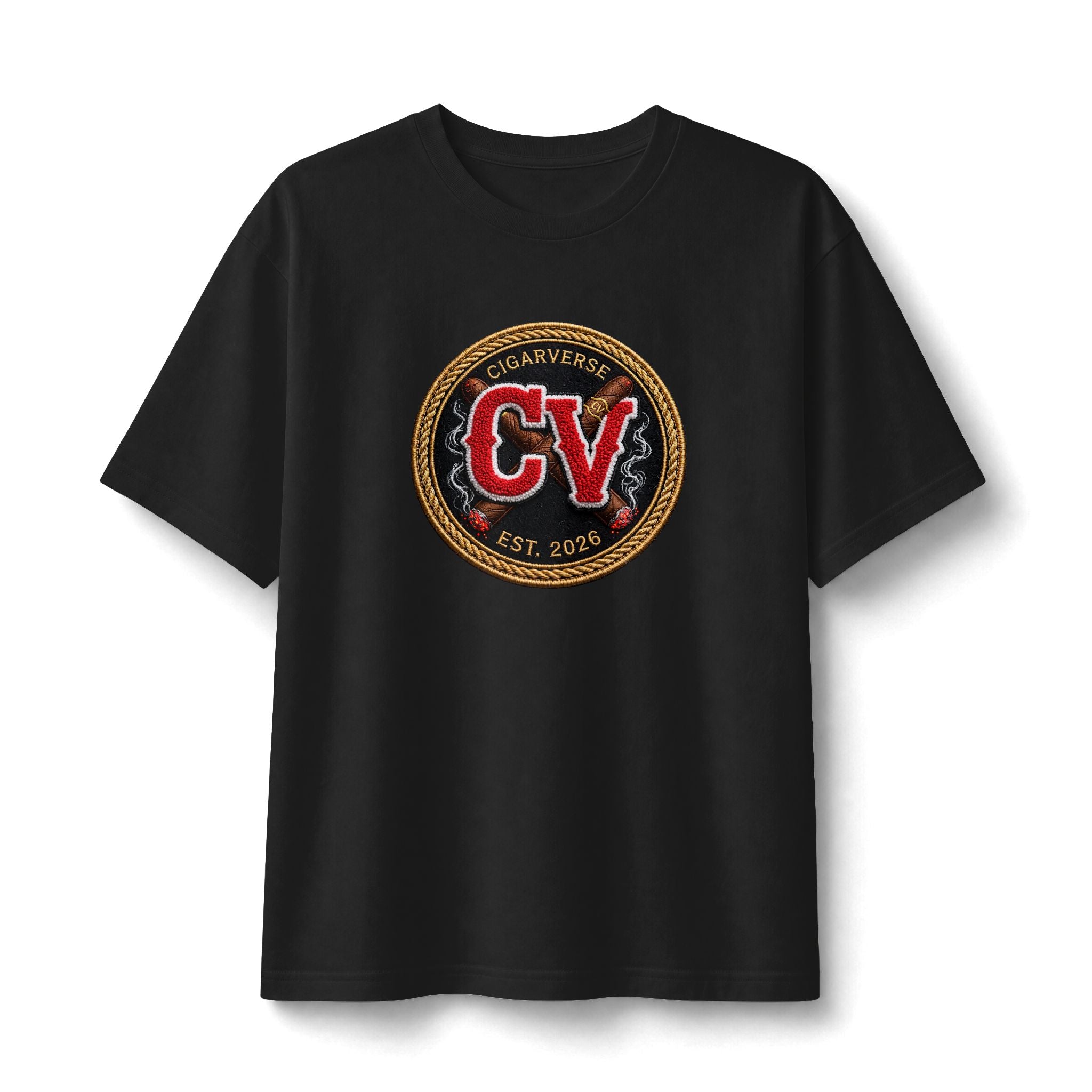 CigarVerse Emblem Heavyweight Tee — Vintage Red & Gold Patch Chest Logo
