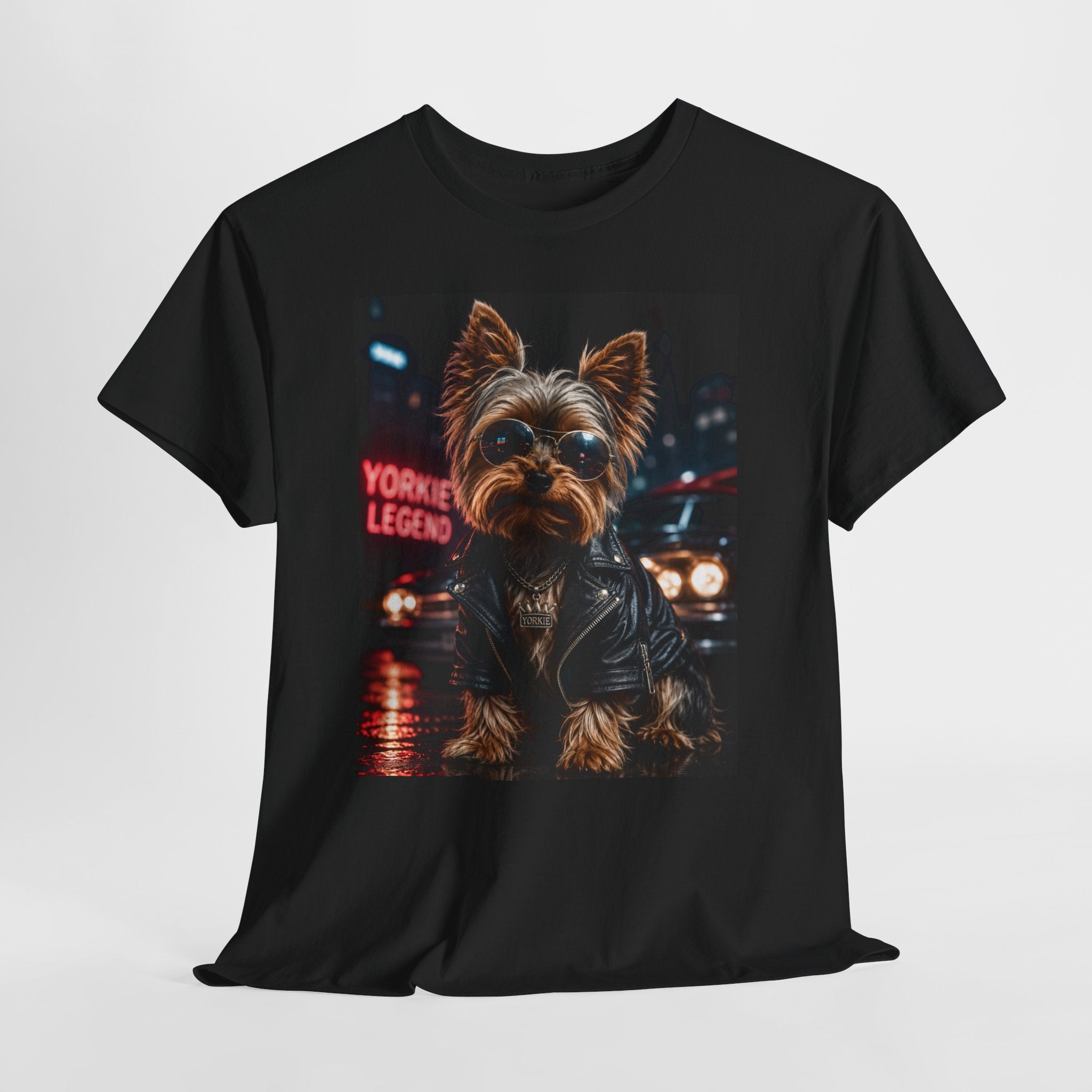 Yorkie Legend Tee — Cool Leather Jacket Yorkshire Terrier Dog T‑Shirt