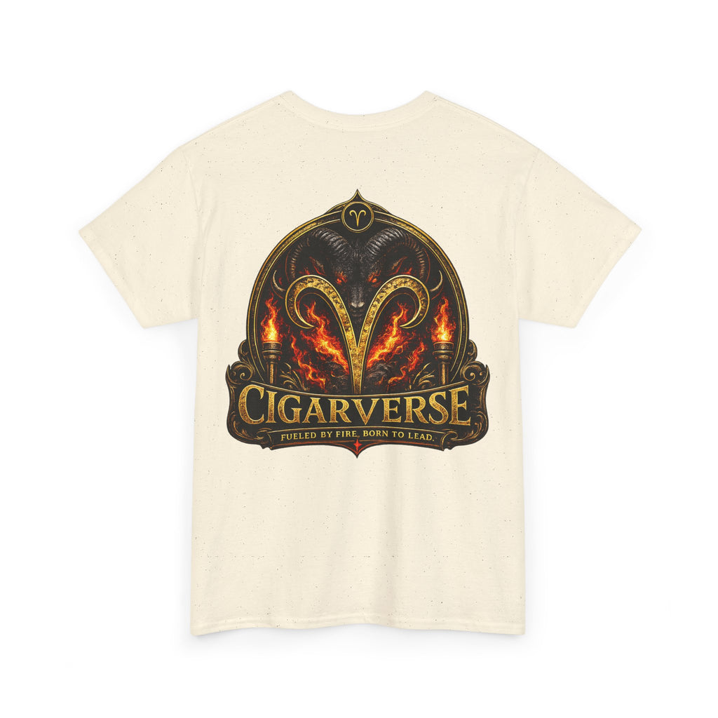 Aries Logo CIGARVERSE Graphic Tee — Vintage Logo & Fiery Back Art