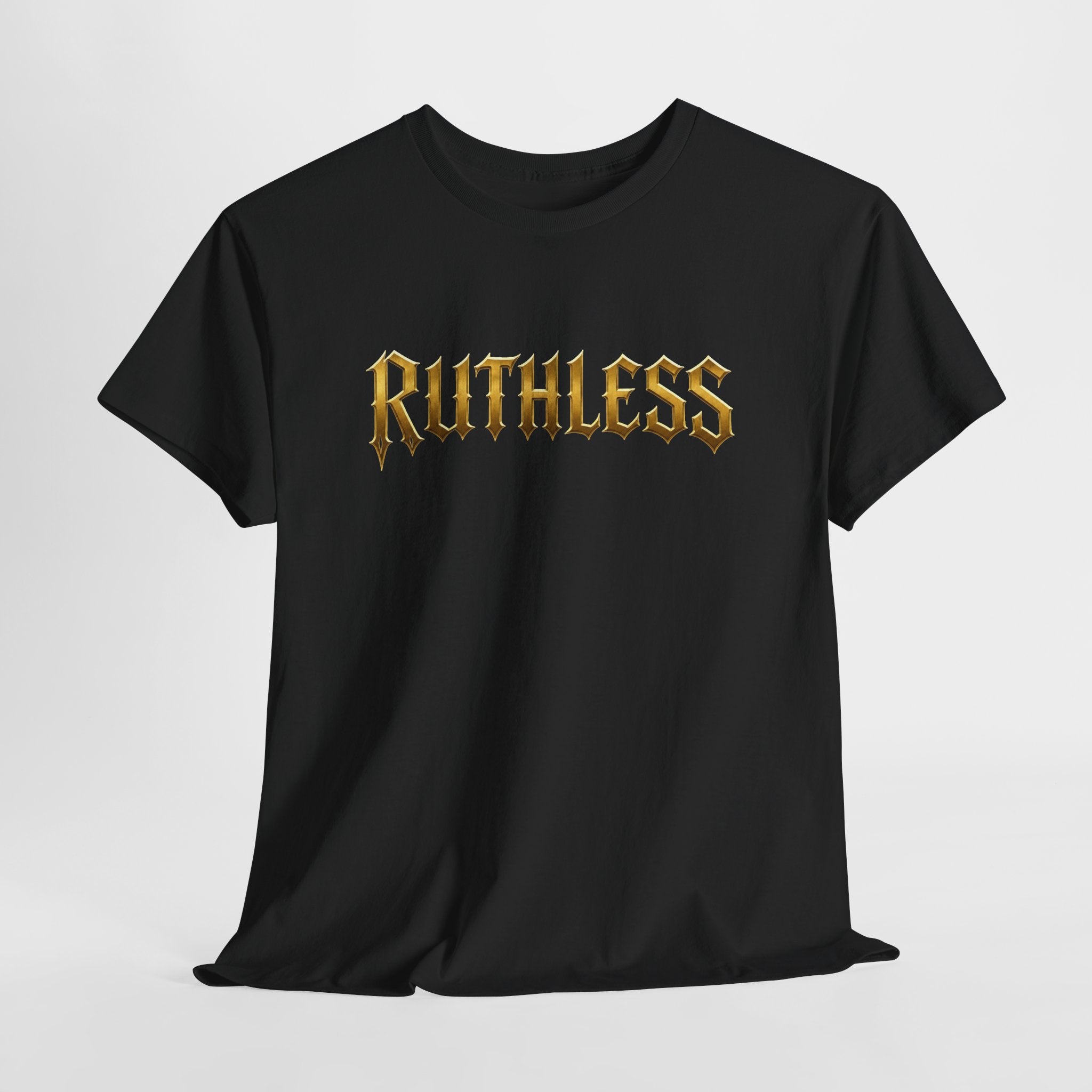 Ruthless Graphic Tee — Bold Gothic Gold Lettering T-Shirt