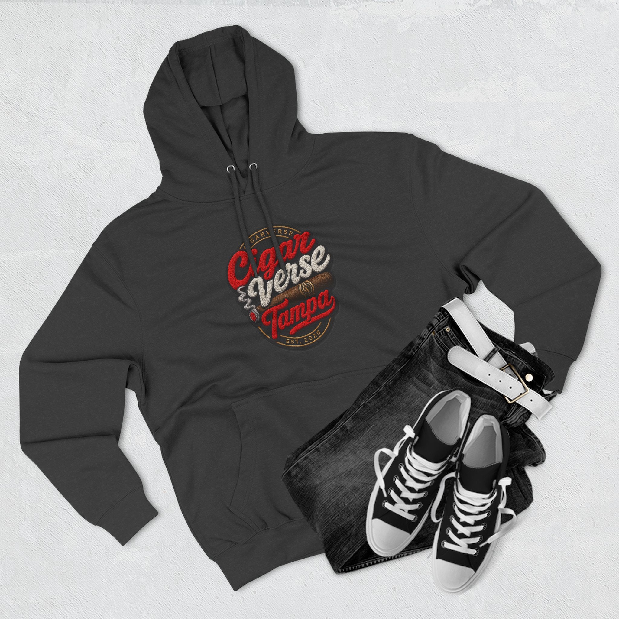 Cigar Verse Tampa Hoodie — Retro Script Logo Fleece Pullover