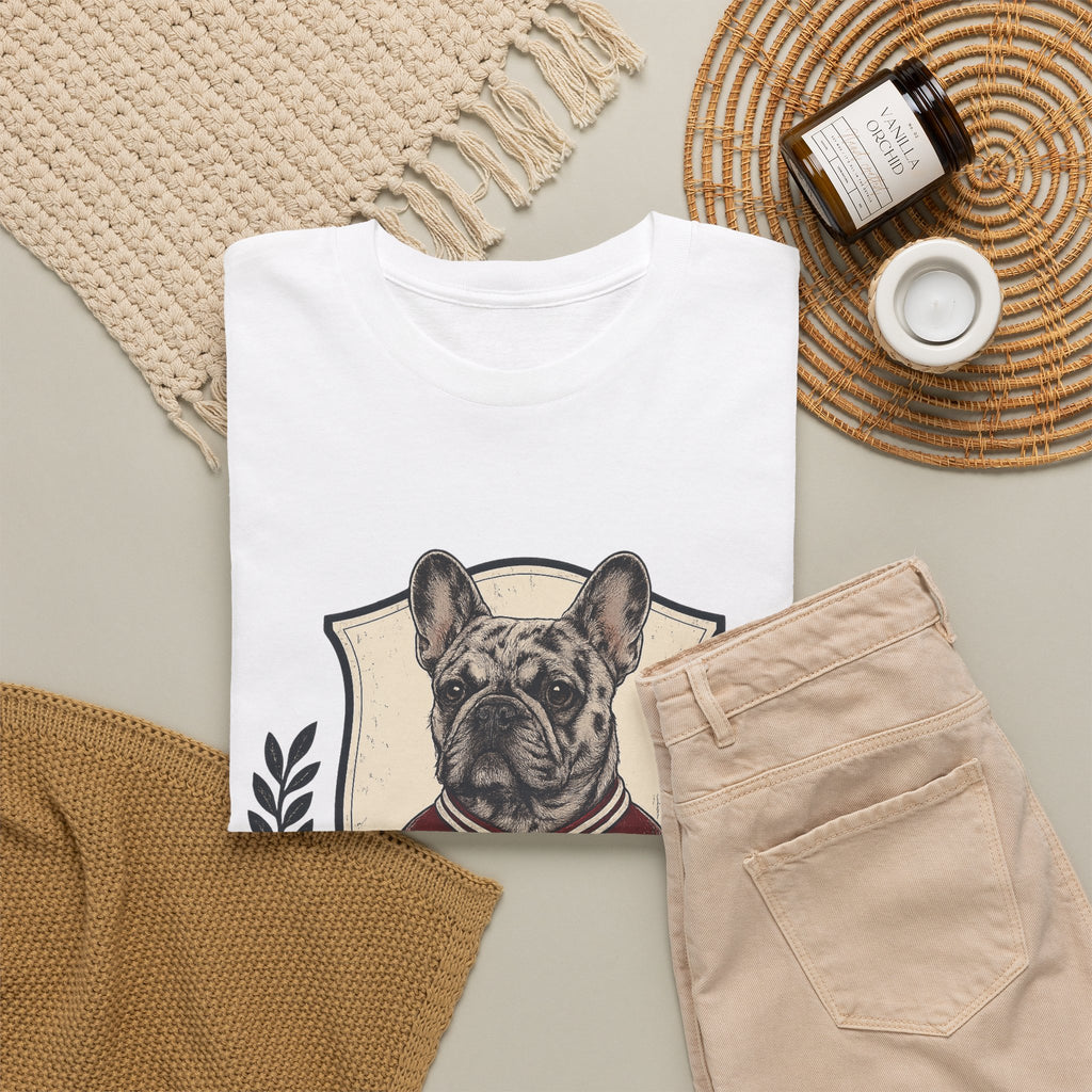 Unisex French Bulldog Crest T‑Shirt — Vintage Collegiate Pup Tee