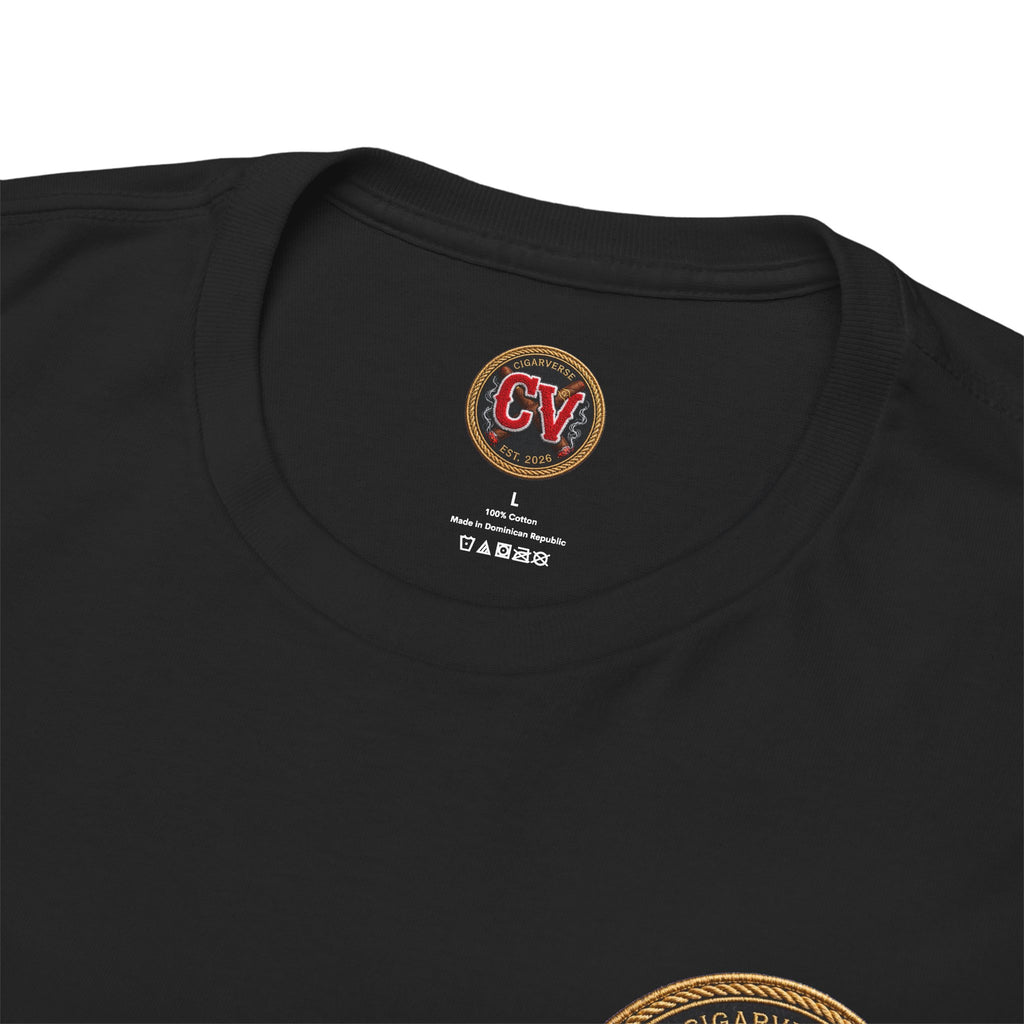 CV Patch Black Cotton Tee — Vintage College Crew Logo Shirt