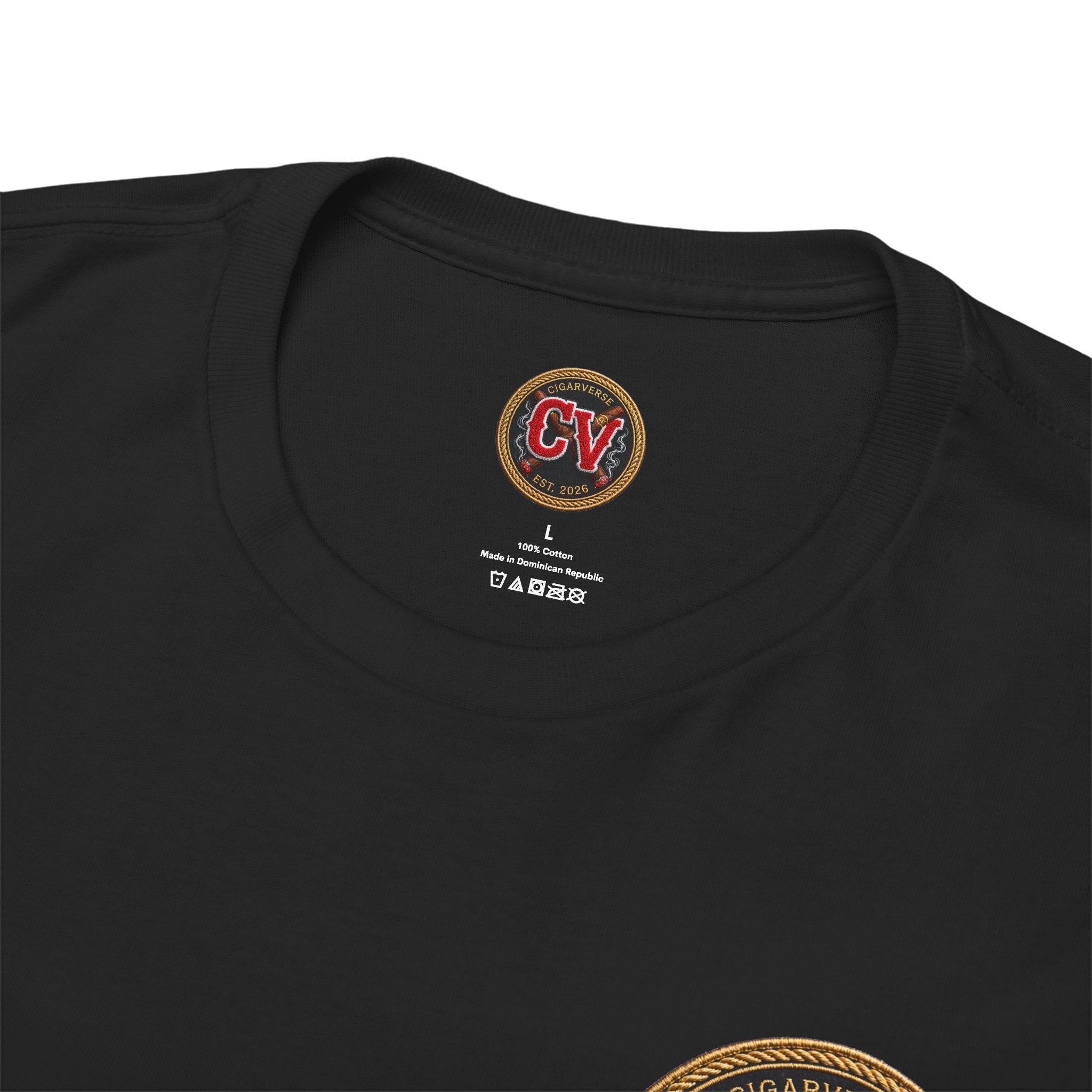 CV Patch Black Cotton Tee — Vintage College Crew Logo Shirt