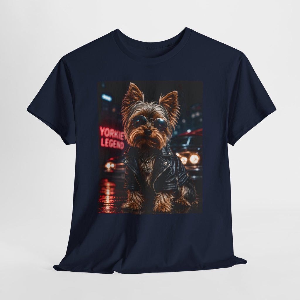 Yorkie Legend Tee — Cool Leather Jacket Yorkshire Terrier Dog T‑Shirt