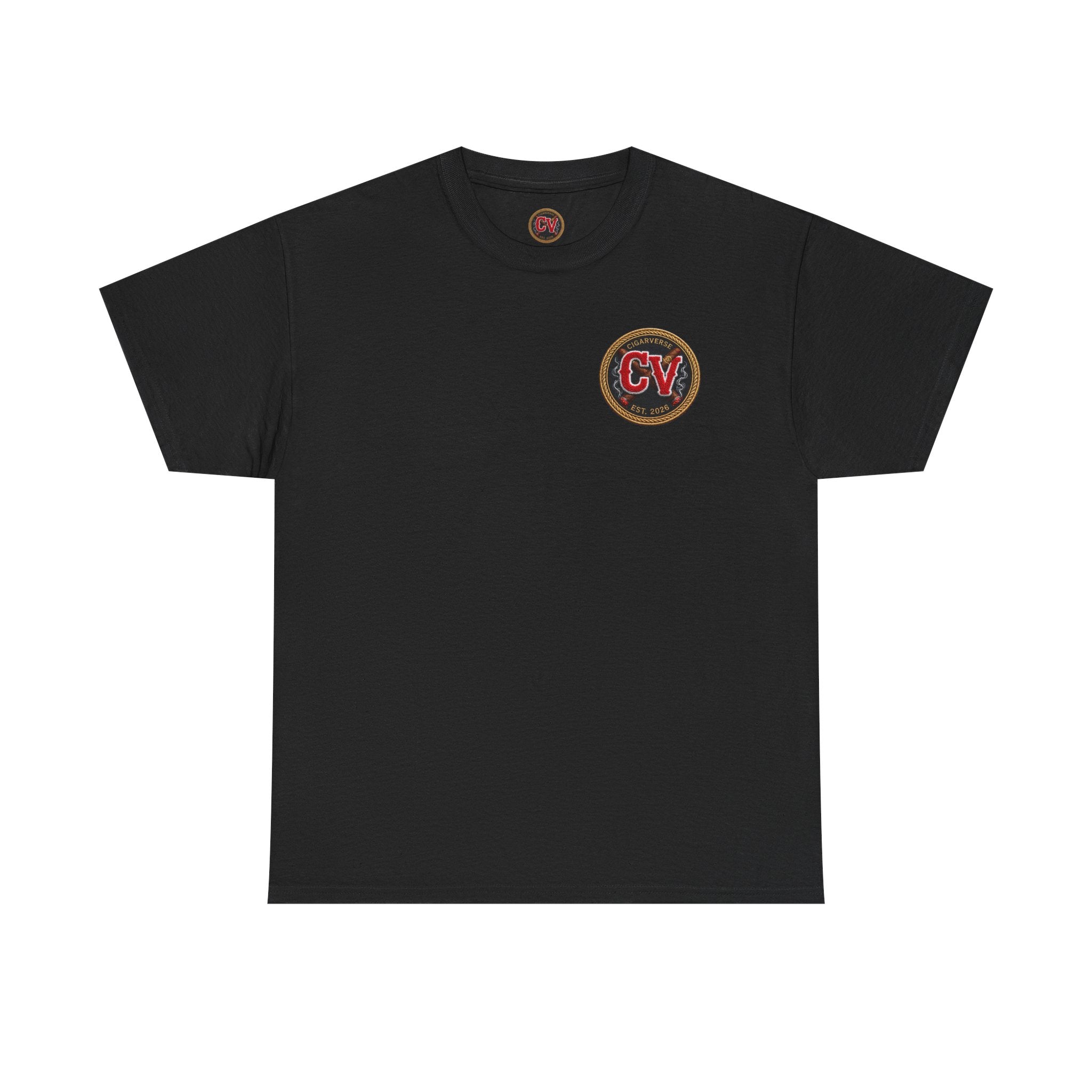 CV Patch Black Cotton Tee — Vintage College Crew Logo Shirt