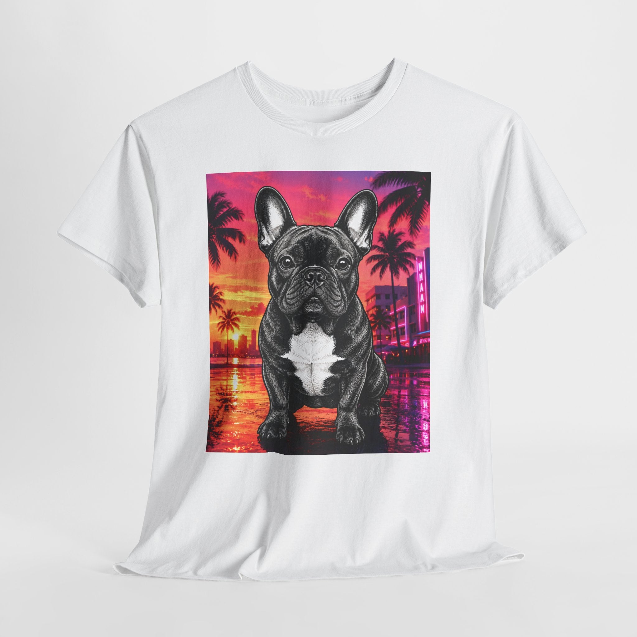 French Bulldog Sunset Tee - Retro Miami Palm Beach Dog T-Shirt