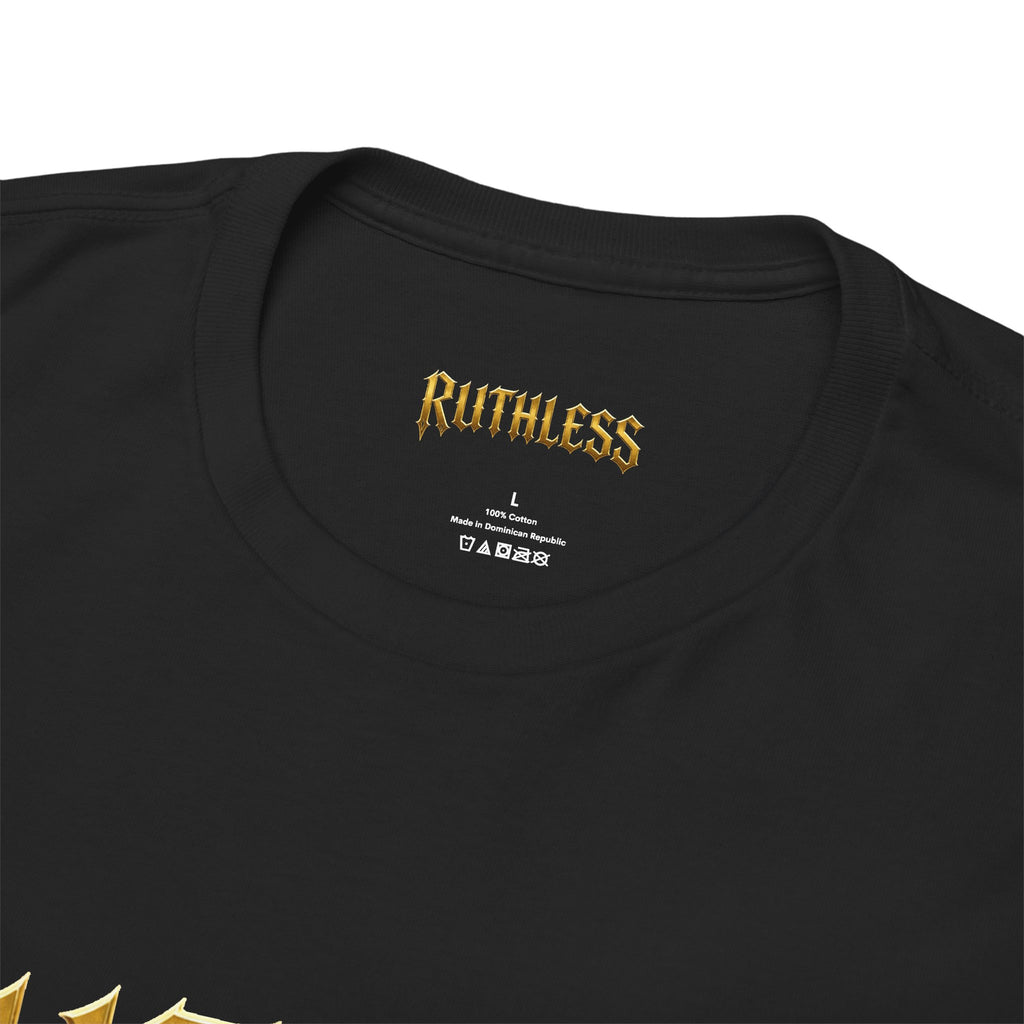 Ruthless Graphic Tee — Bold Gothic Gold Lettering T-Shirt