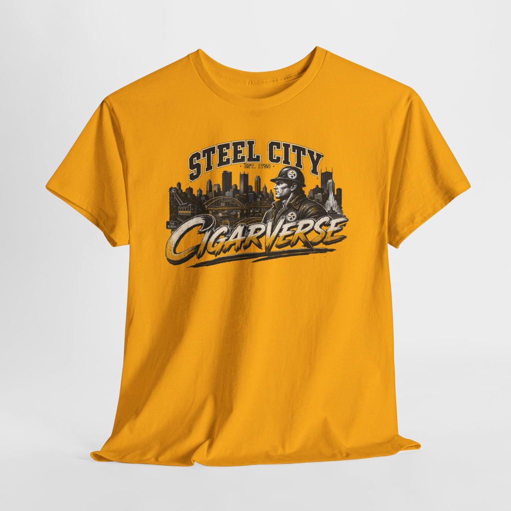 Unisex Steel City Cigarverse Tee — Vintage Skyline Graphic T‑Shirt for Cigar Lovers