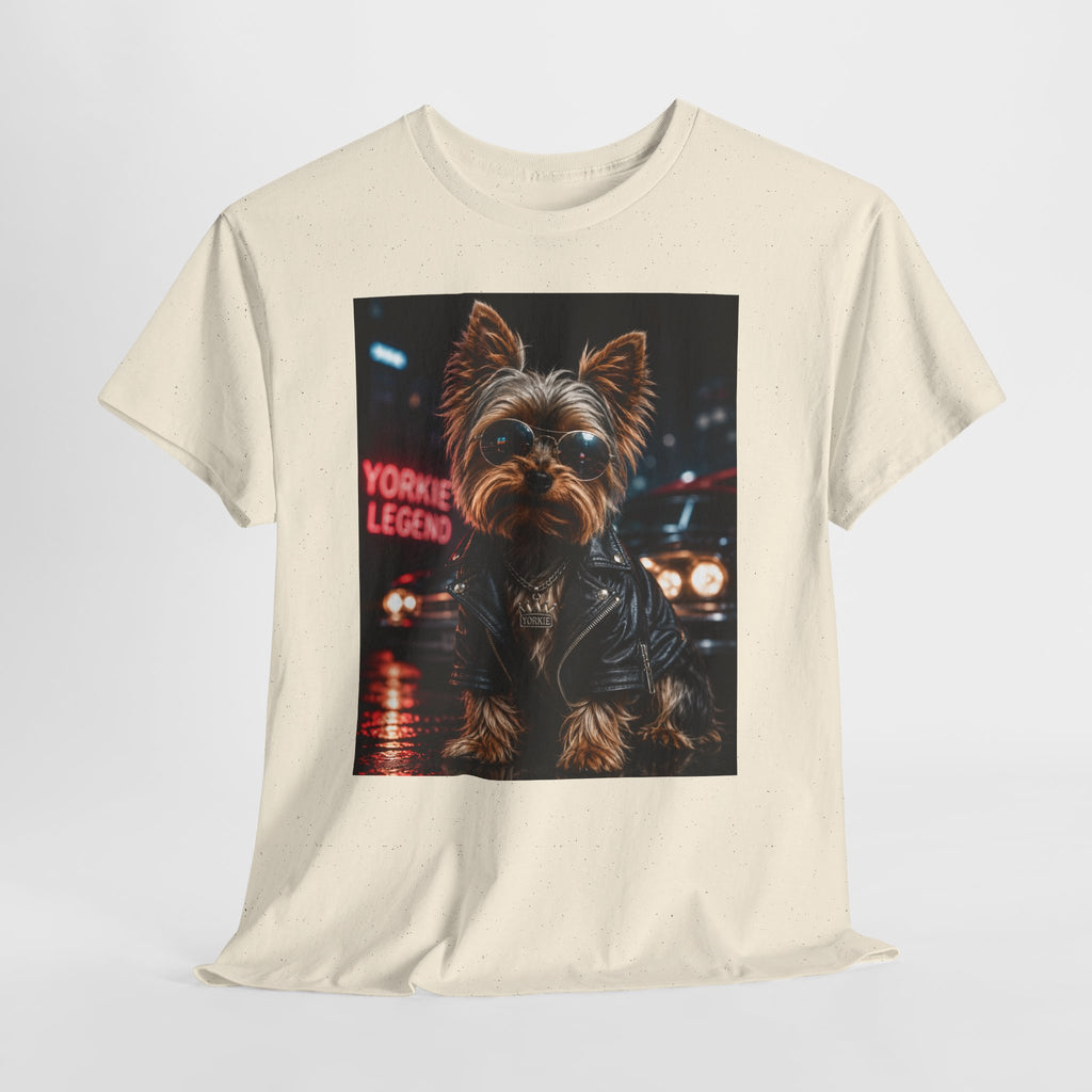 Yorkie Legend Tee — Cool Leather Jacket Yorkshire Terrier Dog T‑Shirt