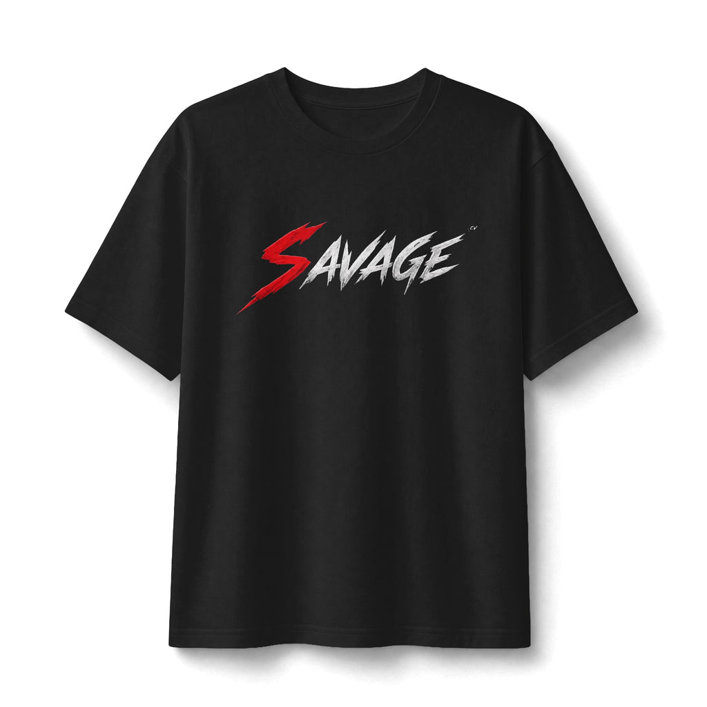 Savage Graphic Tee — Bold Red & White Brushstroke Logo T-Shirt